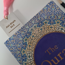 Load image into Gallery viewer, Personalised engraved metal bookmark with Ayah Ash-Sharh 94:5 quote from the Quran and a pink tassel.
