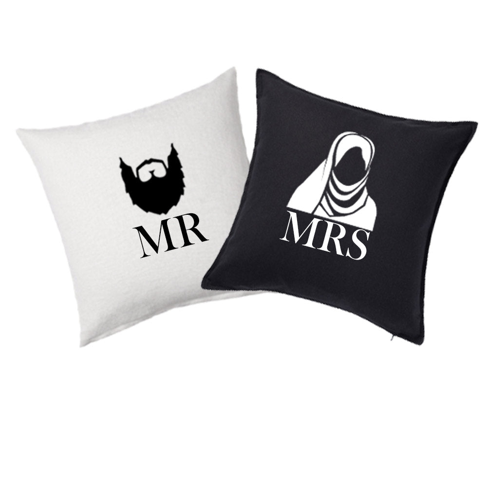Mr and Mrs black and white cotton cushion cover makes a great Islamic wedding or anniversary gift