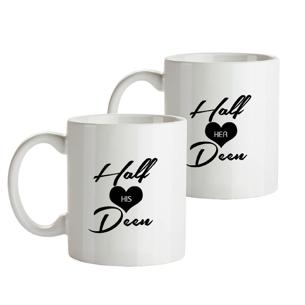 Half His Deen and Half Her Deen White 11oz or 320 ml Coffee or Tea Mugs make a great Islamic wedding or anniversary gift